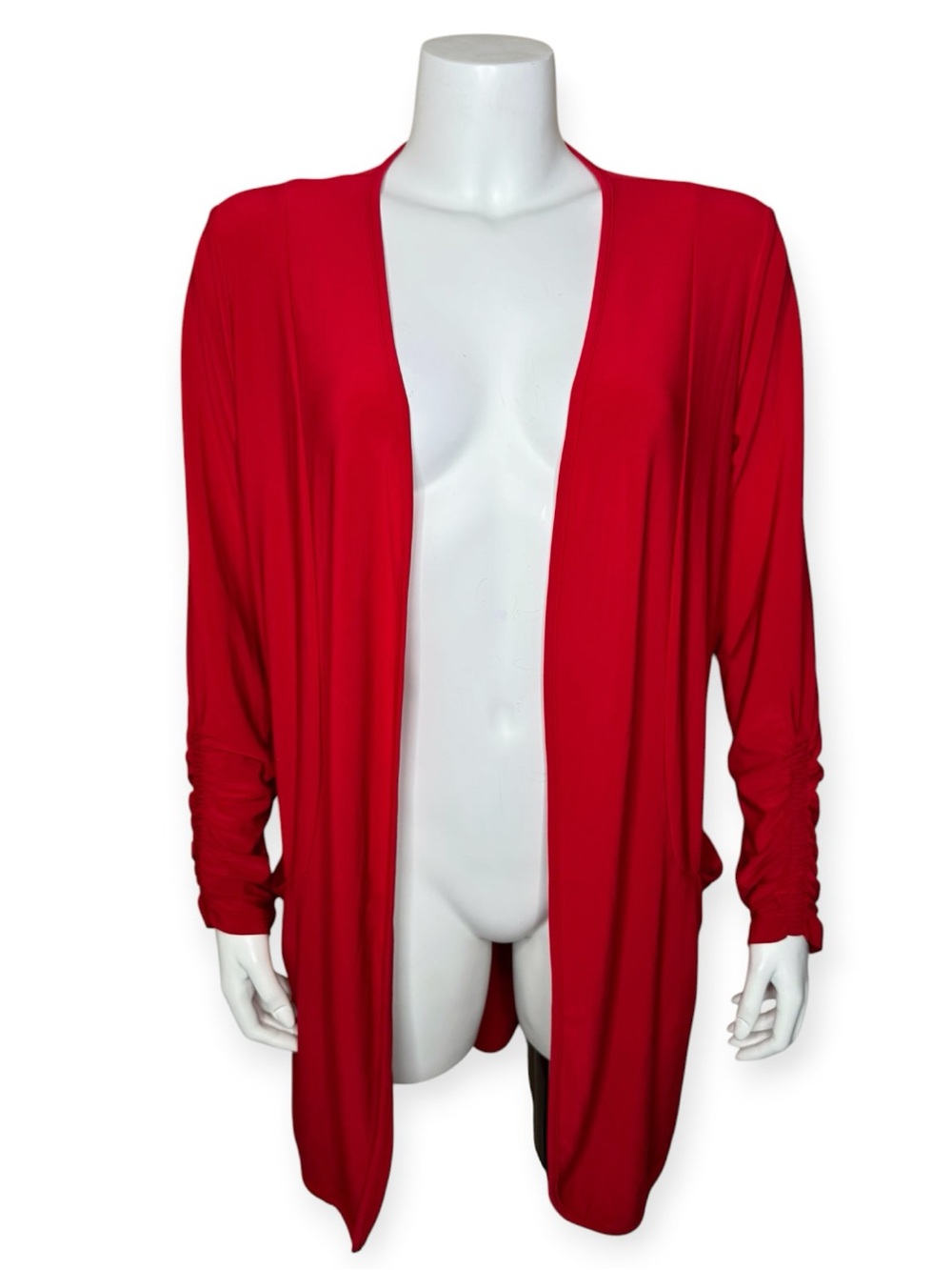 Sympli Jersey Knit Cardigan 12 Open-front Ruched Sleeves Stretch Red